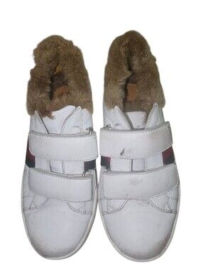 GUCCI White Leather Fur-Lined Velcro Sneakers with Red & Green Stripe